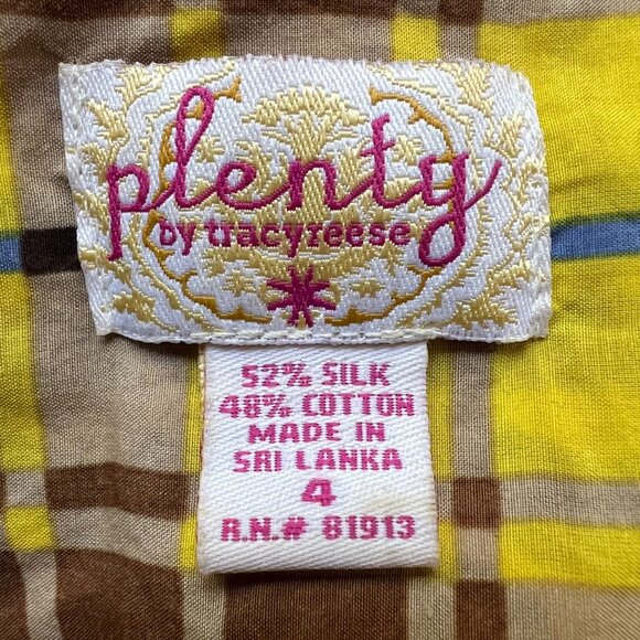 Plenty By Tracy Reese Size 4 Yellow Brown Plaid Silk Blend Cap Sleeve Blouse Top - Picture 8 of 13